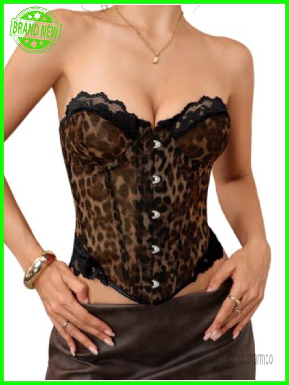 Sheer Mesh Leopard Print Corset Top Lace Up Bustier